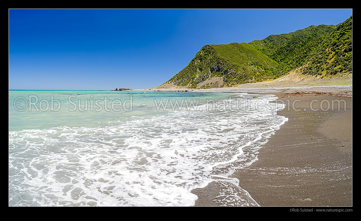 Image of South Wairarapa coastline. Windy Point and Mukamukaiti Stream, southern Remutaka (Rimutaka) Ranges. Panorama, Remutaka Forest Park, South Wairarapa District, Wellington Region, New Zealand (NZ) stock photo image