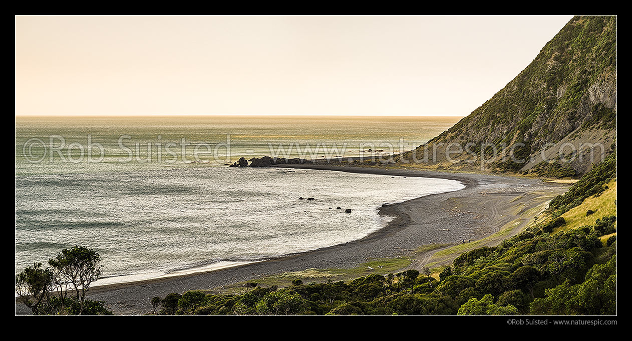 Image of Moody south Wairarapa coastline at dusk. Windy Point and Mukamukaiti Stream centre. Southern Remutaka (Rimutaka) Ranges. Palliser Bay beyond. Panorama, Remutaka Forest Park, South Wairarapa District, Wellington Region, New Zealand (NZ) stock photo image