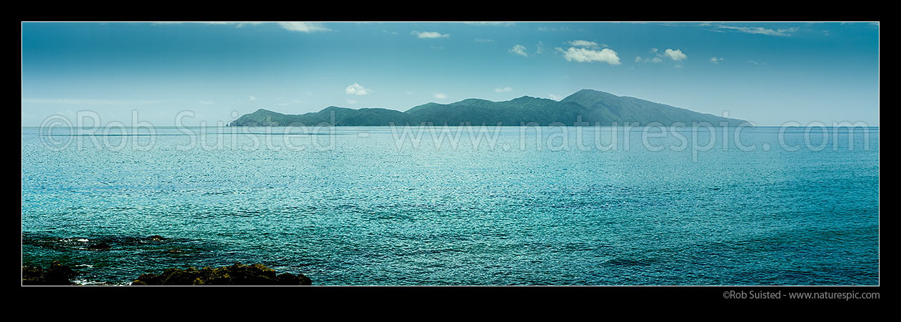 Image of Kapiti Island Nature Reserve Panorama. Rauoterangi Channel (Otaheke Strait) in foreground, Pukerua Bay, Porirua City District, Wellington Region, New Zealand (NZ) stock photo image