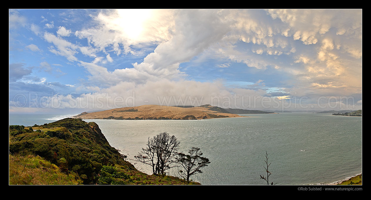 Image of Moody stormy evening skies over the Hokianga Harbour Entrance and North Head. Panorama view, Omapere, Hokianga, Far North District, Northland Region, New Zealand (NZ) stock photo image