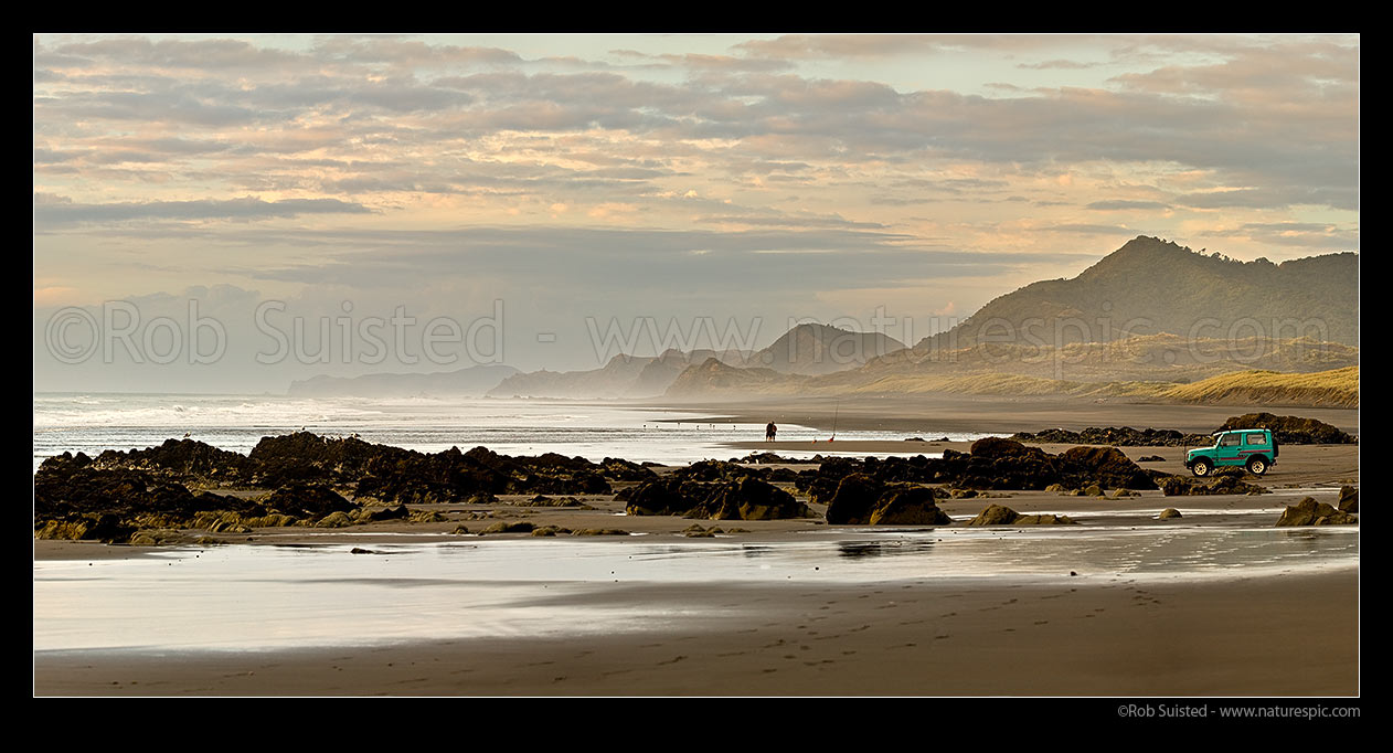 Image of Marokopa beach - wild west coast with people surf fishing with 4wd. Black iron sand. Looking north from river mouth. Moody panorama, Marokopa, Waitomo District, Waikato Region, New Zealand (NZ) stock photo image