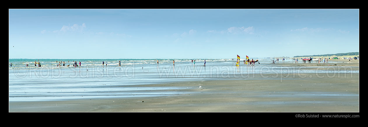 Image of Waitarere Beach full with swimmers and surf lifeguards on a hot summer day. Panorama, Waitarere Beach, Levin, Horowhenua District, Manawatu-Wanganui Region, New Zealand (NZ) stock photo image