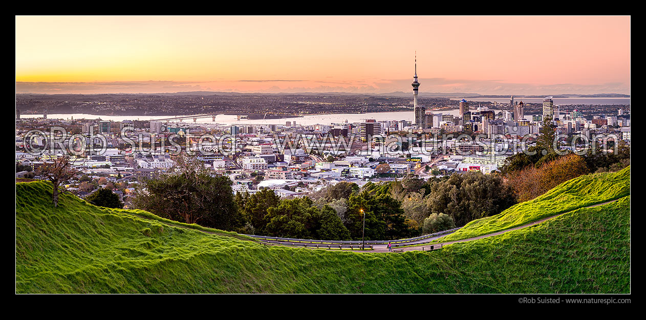 Image of Auckland City, Harbour Bridge, and Sky Tower, seen from Maungawhau / Mount Eden volcanic cone. Panorama, Auckland, Auckland City District, Auckland Region, New Zealand (NZ) stock photo image