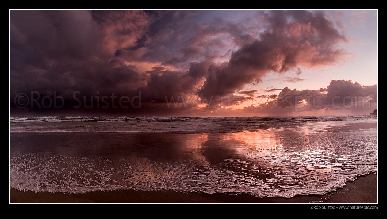 Image of Aranga Beach moody evening sunset. Wild north Island west coast beach. Panorama, Aranga Beach, Manganui Bluff, Kaipara District, Northland Region, New Zealand (NZ) stock photo image