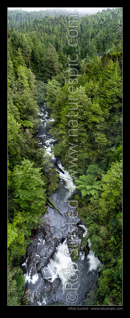 Image of Mangawhio Stream aerial of river, waterfalls and rainforest, Waikato River tributary, Waipapa, Otorohanga District, Waikato Region, New Zealand (NZ) stock photo image