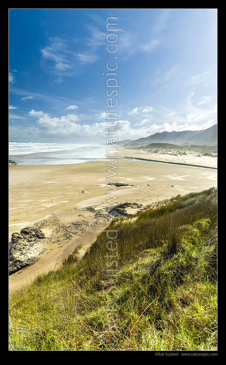 Image of Mitimiti beach, looking north towards Moerewa Point and Whangape Harbour mouth. Vertical panorama, Mitimiti, Far North District, Northland Region, New Zealand (NZ) stock photo image