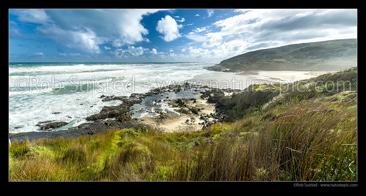 Image of Kokopurawaru Bay, seen from Moerewa Point, north of Mitimiti beach. Panorama, Mitimiti, Far North District, Northland Region, New Zealand (NZ) stock photo image