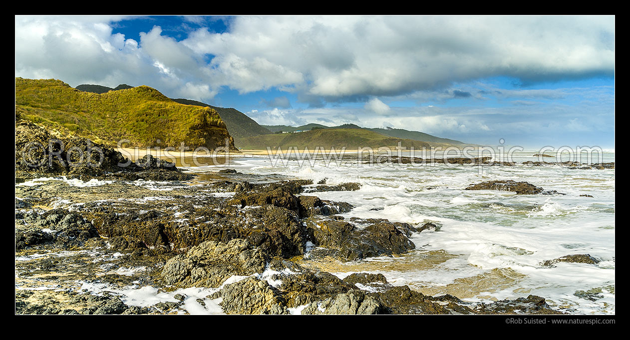 Image of Mitimiti Beach coast, looking south past Matihetihe, towards North Head of the Hokianga harbour. Panorama, Mitimiti, Far North District, Northland Region, New Zealand (NZ) stock photo image