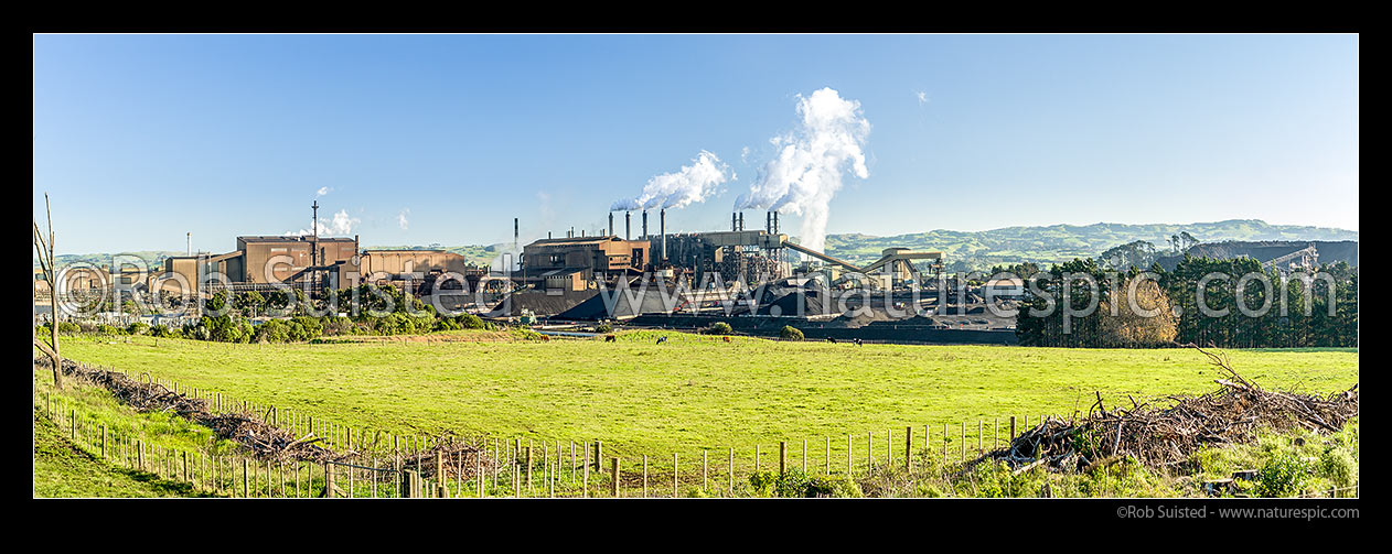 Image of Glenbrook Steel Mill producing steel from coastal ironsands ore, a unique utilisation. Panorama across grass fields, Waiuku, Papakura District, Auckland Region, New Zealand (NZ) stock photo image