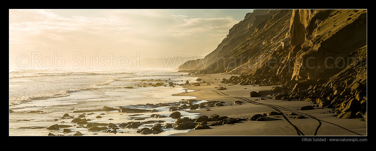 Image of Awhitu Peninsula west coast beach at Hamilton's Gap, looking north towards Whatipu and Manukau Harbour entrance. Panorama, Awhitu Peninsula, Papakura District, Auckland Region, New Zealand (NZ) stock photo image