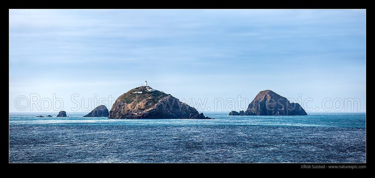 Image of The Brothers Islands in Cook Strait. Brothers lighthouse on North Group, with South Group at left. Arapawa Island behind. Panorama, Marlborough Sounds, Marlborough District, Marlborough Region, New Zealand (NZ) stock photo image