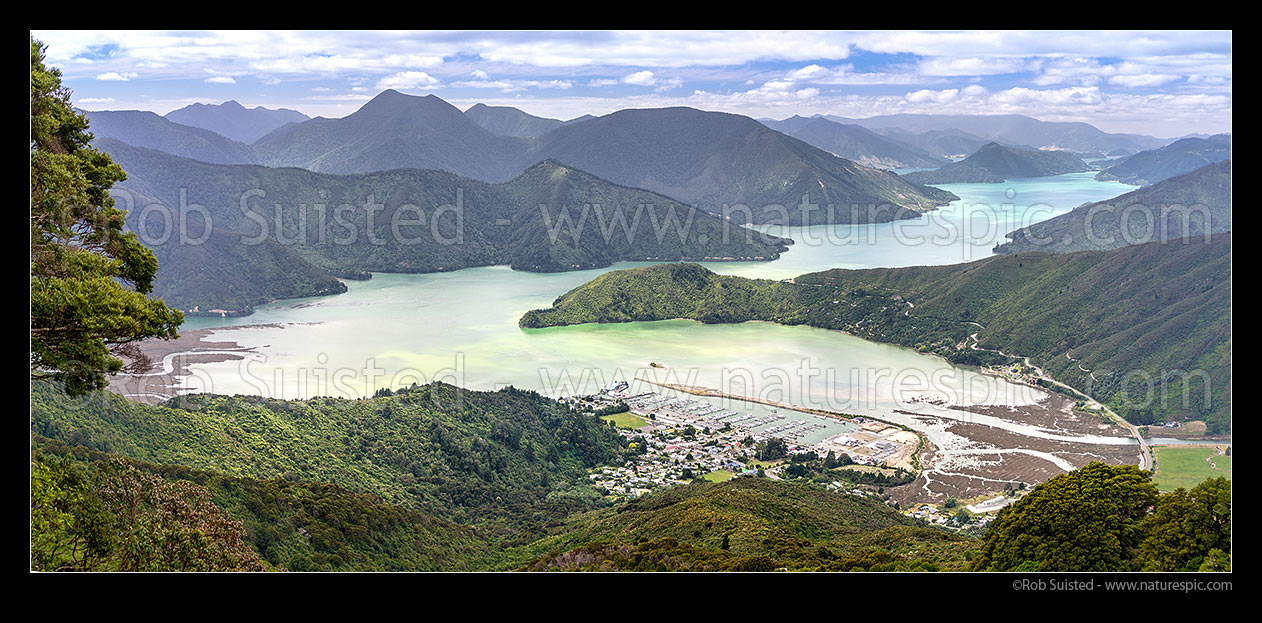 Image of Havelock town at head of Pelorus Sound, Marlborough Sounds. Cullen Point centre, Pelorus River left, Kaituna River right. Panorama, Havelock, Marlborough District, Marlborough Region, New Zealand (NZ) stock photo image