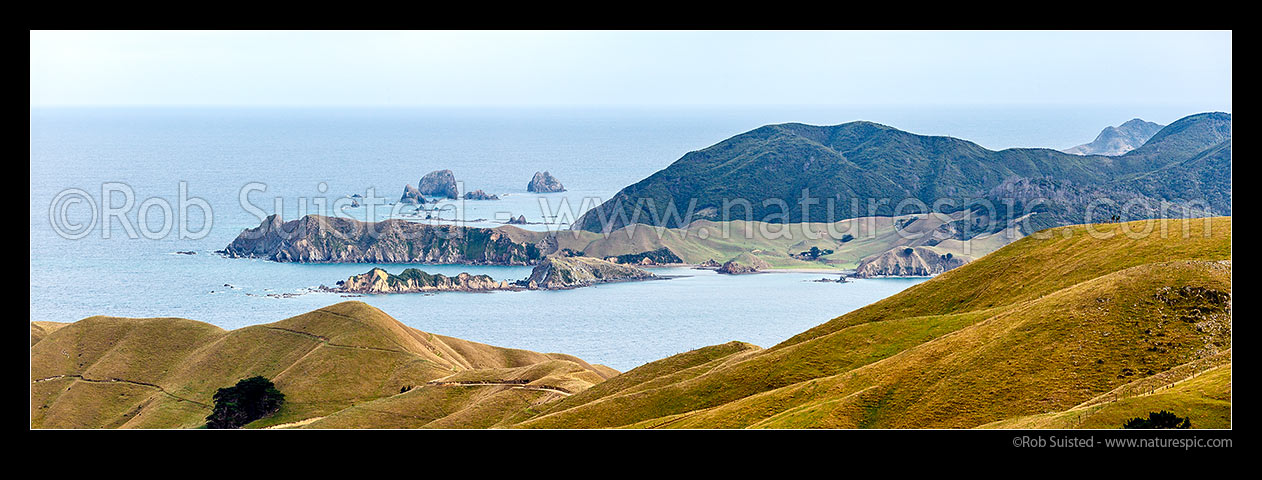 Image of D'Urville Island beyond French Pass farmland. Ohana Bay centre, with Manukau Hill behind Waikawa Bay. Paddock Rocks behind. Panorama, French Pass, Marlborough District, Marlborough Region, New Zealand (NZ) stock photo image