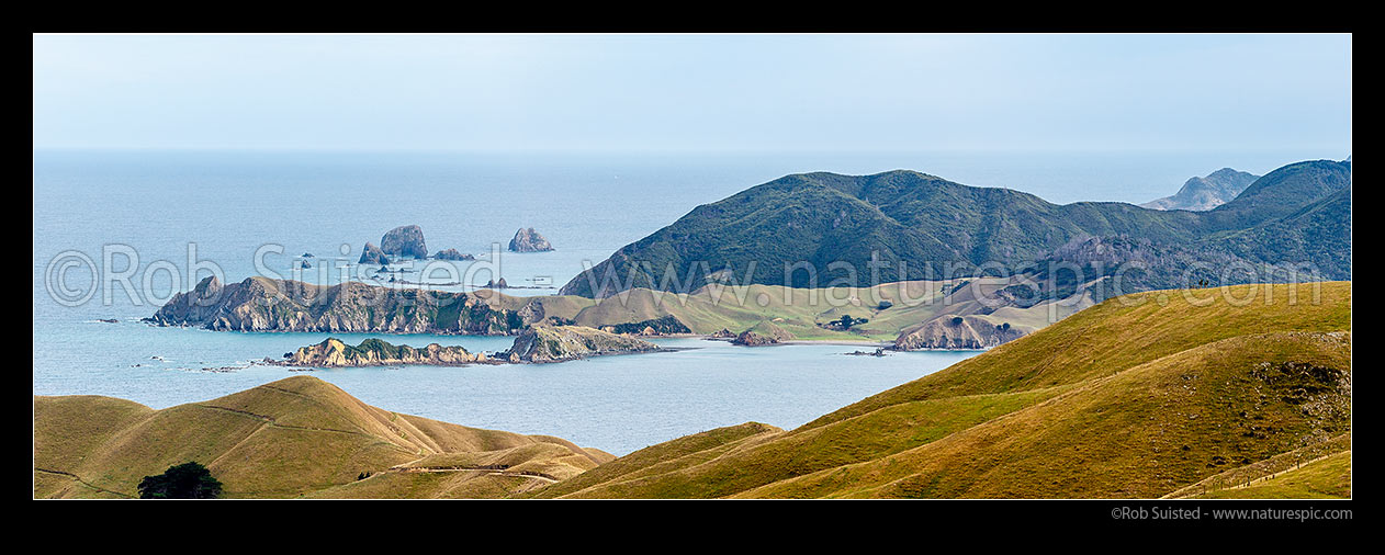 Image of Southern D'Urville Island with Le Brun Peninsula, Hautai Island and Ohana Bay centre, with Paddock Rocks behind. Waikawa Bay in foreground. Tasman Bay beyondPanorama, French Pass, Marlborough District, Marlborough Region, New Zealand (NZ) stock photo image