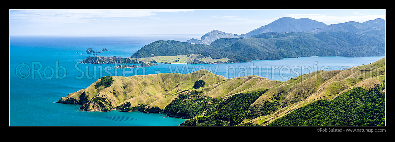 Image of D'Urville Island beyond French Pass farmland. Okuri Bay foreground, with Current Basin, Ohana Bay, Le Brun Peninsula, Hautai Island centre. Paddock Rocks and Tasman Bay behind. Panorama, French Pass, Marlborough Sounds, Marlborough District, Marlborough Region, New Zealand (NZ) stock photo image