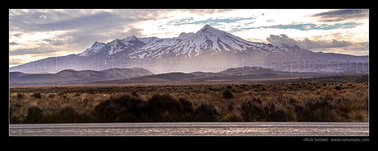 Image of Mt Ruapehu (2797m) seen from the Rangipo Desert and SH1 Desert Road. Last rays of sun as storm weather gathers from the south. Panorama, Waiouru, Ruapehu District, Manawatu-Wanganui Region, New Zealand (NZ) stock photo image