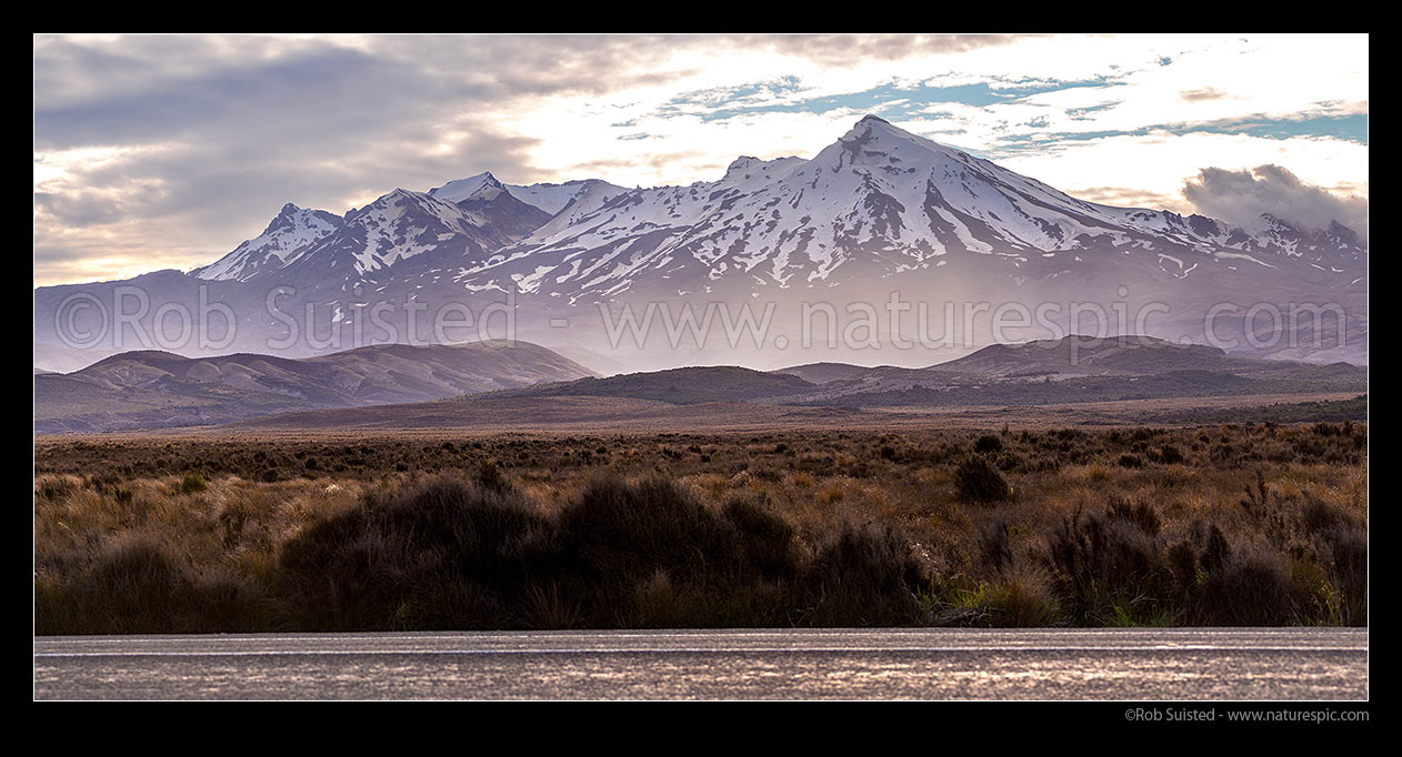 Image of Mt Ruapehu (2797m) seen from the Rangipo Desert and SH1 Desert Road. Last rays of sun as storm weather gathers from the south. Panorama, Waiouru, Ruapehu District, Manawatu-Wanganui Region, New Zealand (NZ) stock photo image