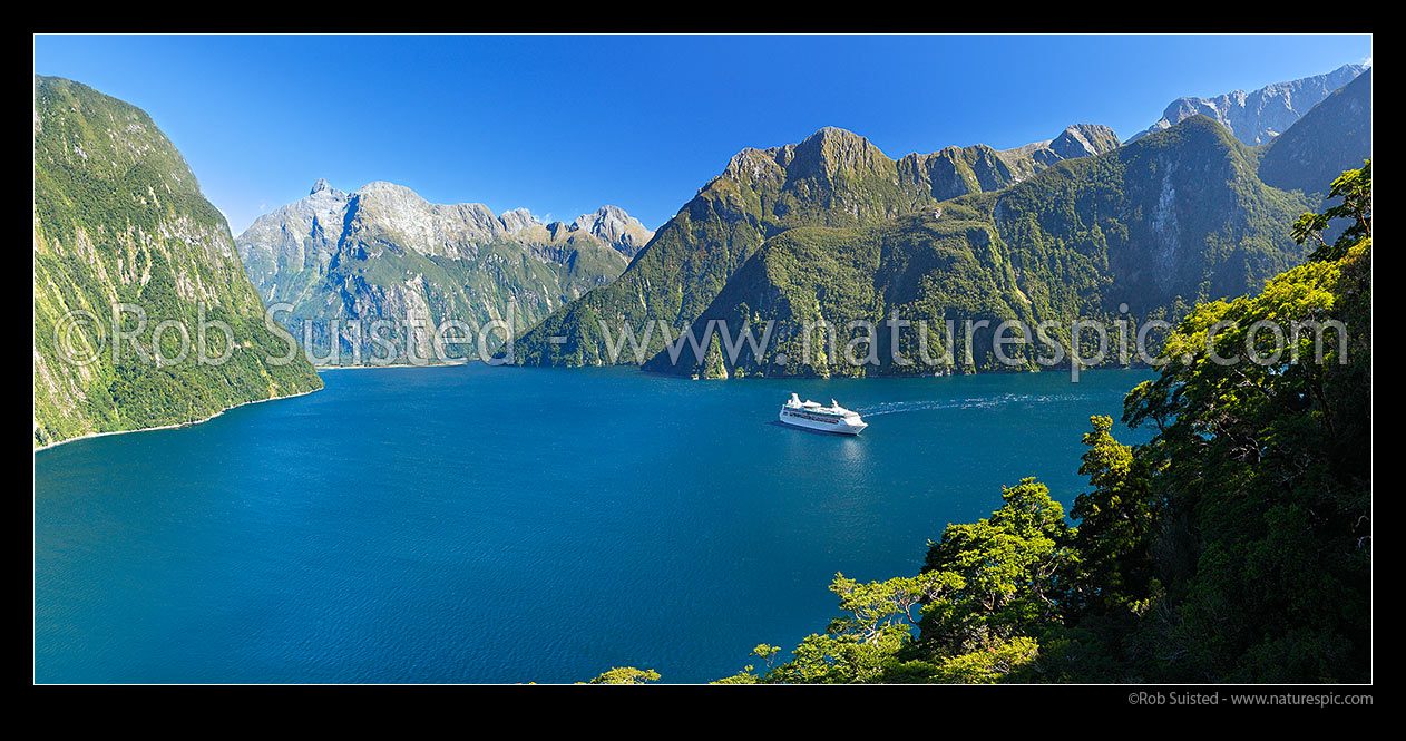 Image of Milford Sound with cruise ship. Sheerdown Hills distant left. Seen from Harrison Cove. Panorama, Fiordland National Park, Southland District, Southland Region, New Zealand (NZ) stock photo image