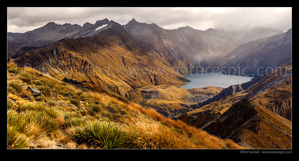 Image of Lochnagar above the Shotover River, in the Richardson Mountains and Shotover Conservation Area. Glencairn Spur left, Cleft Peak (2250) in cloud right. Panorama, Shotover River, Queenstown Lakes District, Otago Region, New Zealand (NZ) stock photo image