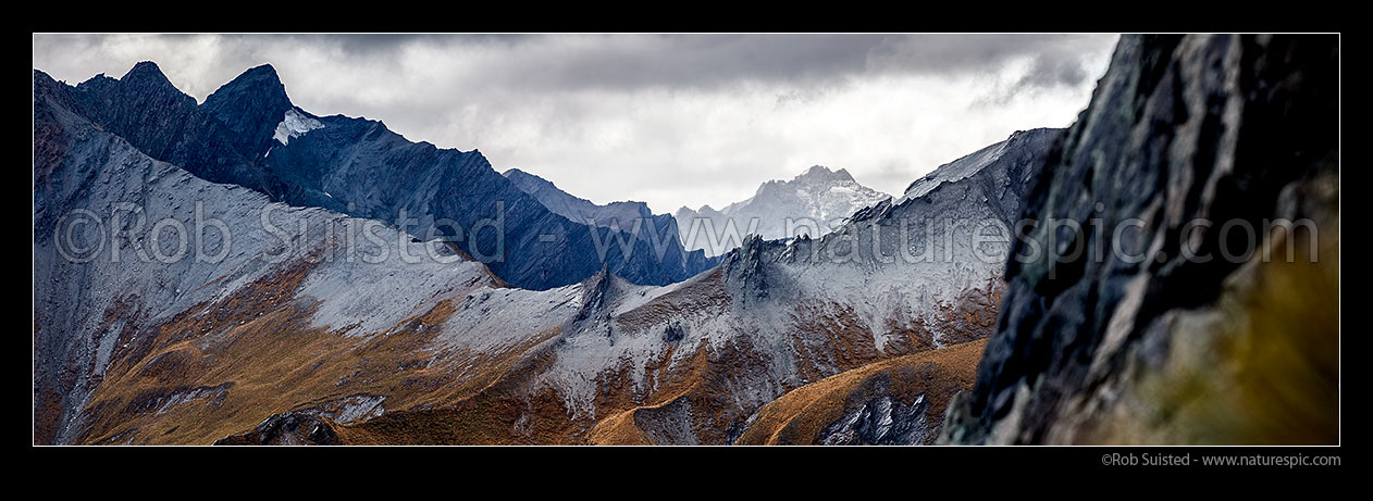 Image of Rugged alpine peaks above the Shotover River headwaters, with Craigroyston Peak (2211m) beyond. Panorama, Shotover River, Queenstown Lakes District, Otago Region, New Zealand (NZ) stock photo image