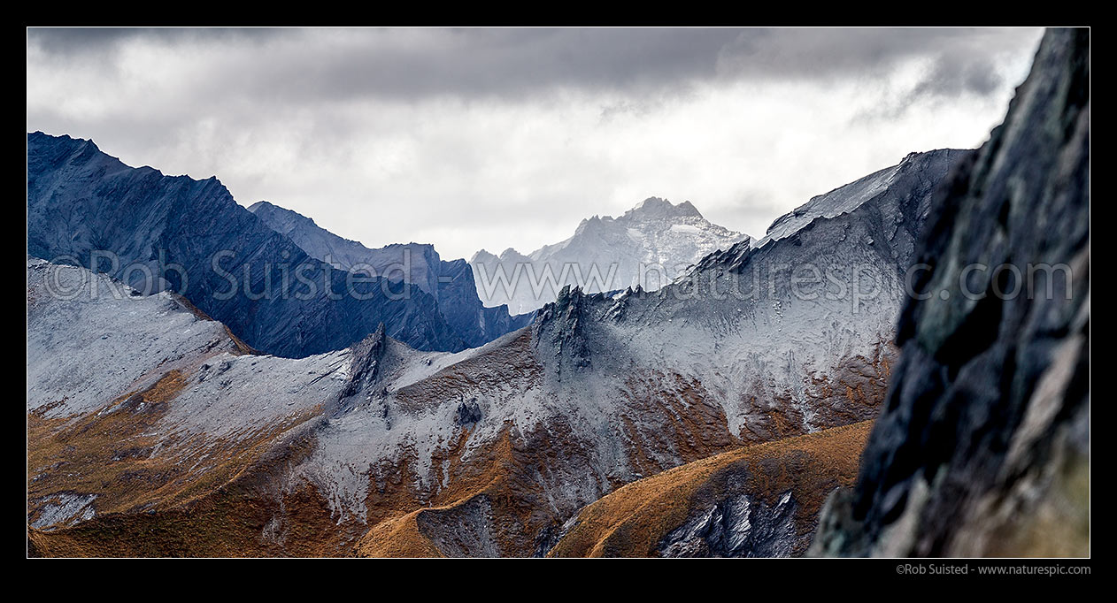 Image of Rugged alpine peaks above the Shotover River headwaters, with Craigroyston Peak (2211m) beyond. Panorama, Shotover River, Queenstown Lakes District, Otago Region, New Zealand (NZ) stock photo image