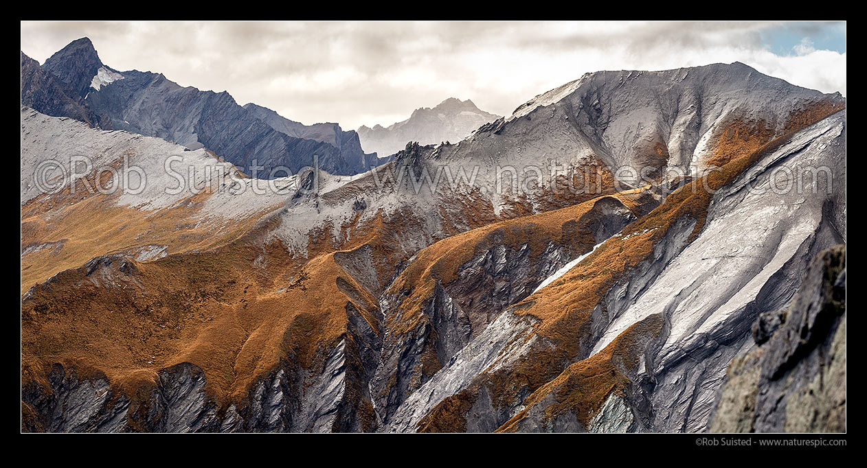 Image of Rugged alpine peaks above the Shotover River headwaters, with Craigroyston Peak (2211m) beyond. Panorama, Shotover River, Queenstown Lakes District, Otago Region, New Zealand (NZ) stock photo image