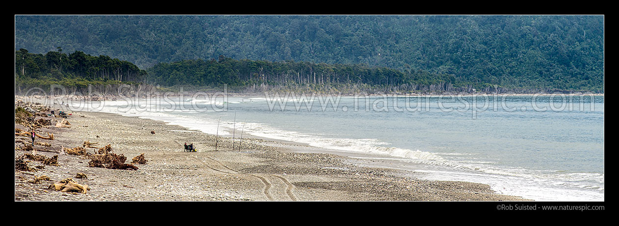 Image of Maori Beach near Mahitahi River mouth, with fishermen on beach. Panorama, Bruce Bay, Westland District, West Coast Region, New Zealand (NZ) stock photo image