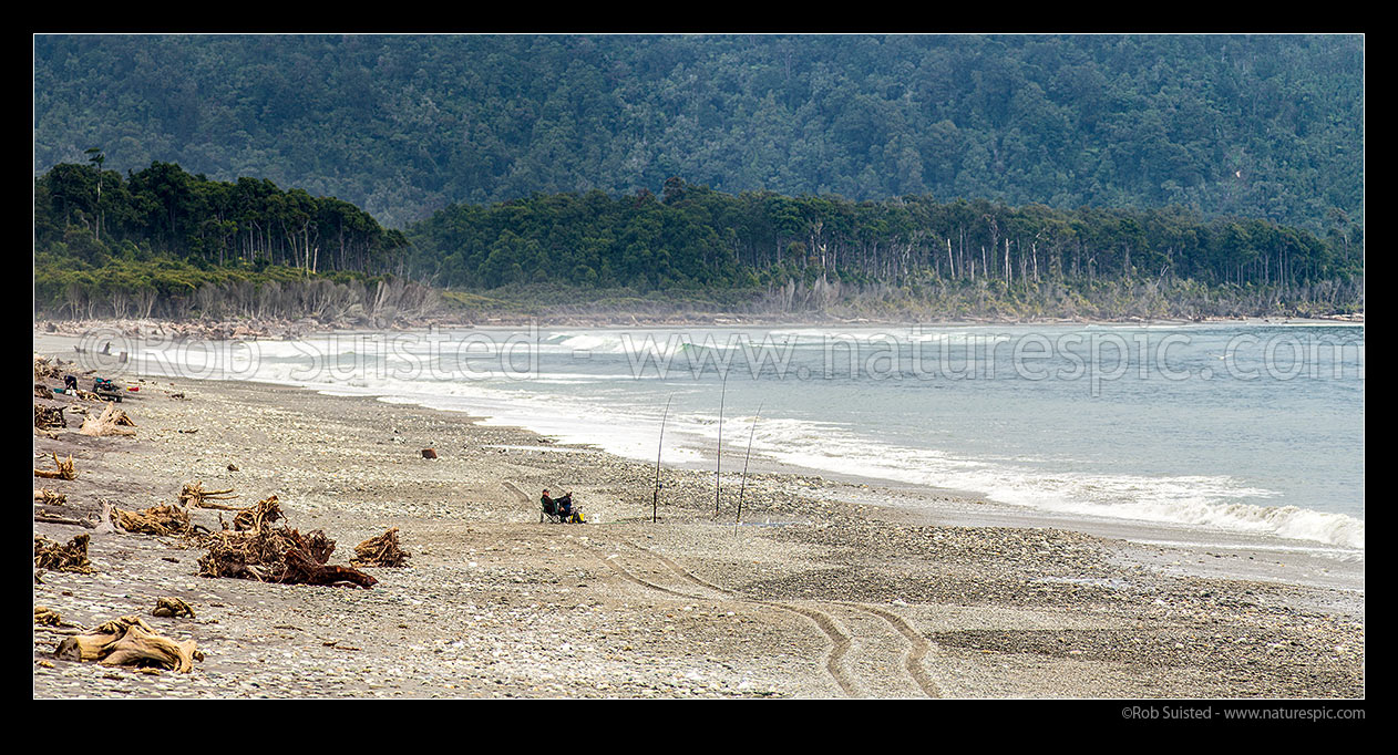 Image of Maori Beach near Mahitahi River mouth, with fishermen on beach. Panorama, Bruce Bay, Westland District, West Coast Region, New Zealand (NZ) stock photo image