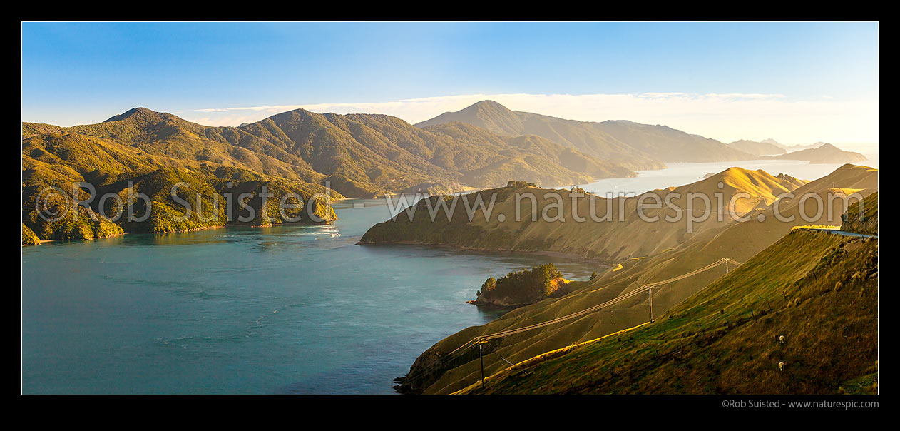 Image of French Pass (Te Aumiti) channel between D'Urville Island (left) and French Pass (Anaru) at dawn. Channel Basin and Man-o-War Bay foreground. Panorama, French Pass, Marlborough Sounds, Marlborough District, Marlborough Region, New Zealand (NZ) stock photo image