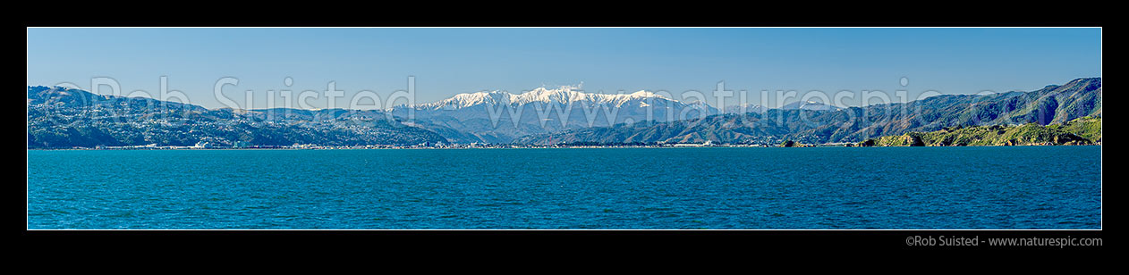 Image of Snow clad Tararua Ranges high above the Hutt Valley and Petone beach and foreshore. Mt Hector (1529m) highest point on southern main range. Panorama, Hutt Valley, Hutt City District, Wellington Region, New Zealand (NZ) stock photo image