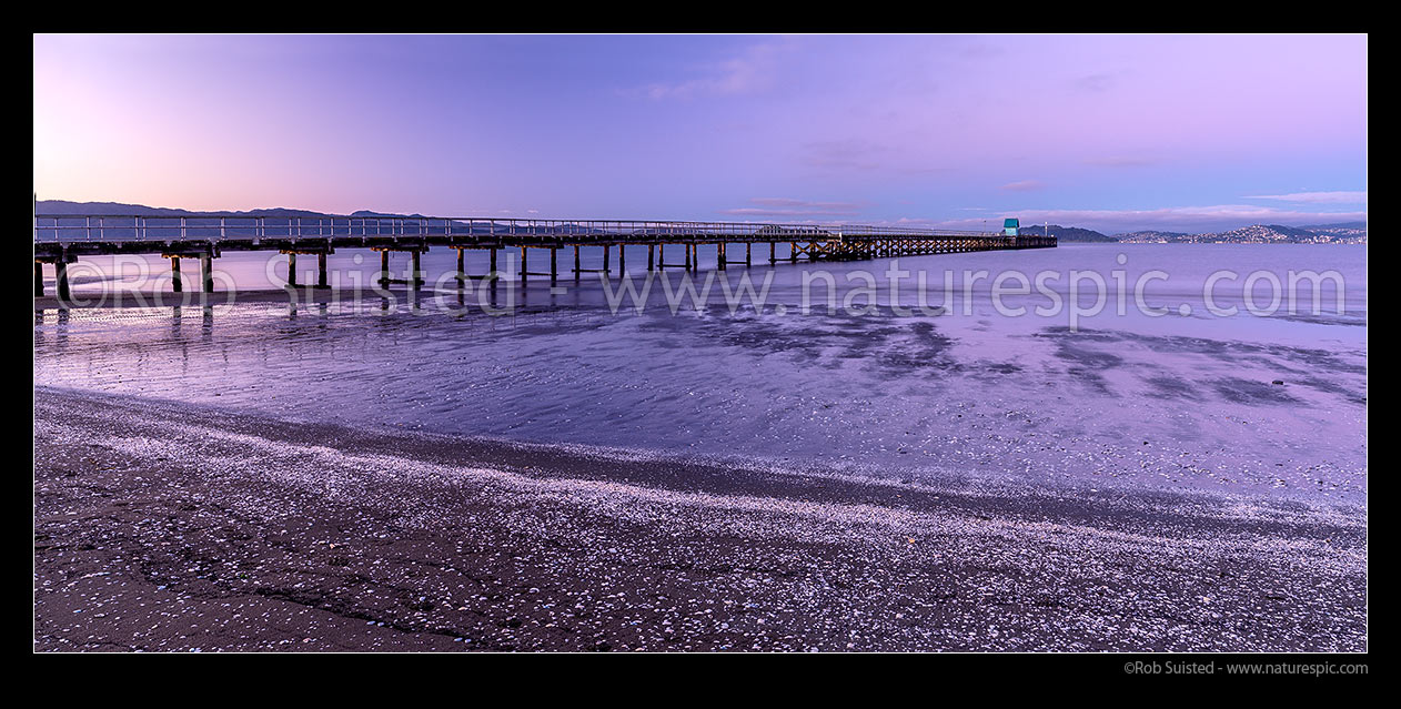 Image of Petone Beach and wharf on foreshore at twilight dawn. Panorama with Wellington City far right, Petone, Hutt City District, Wellington Region, New Zealand (NZ) stock photo image