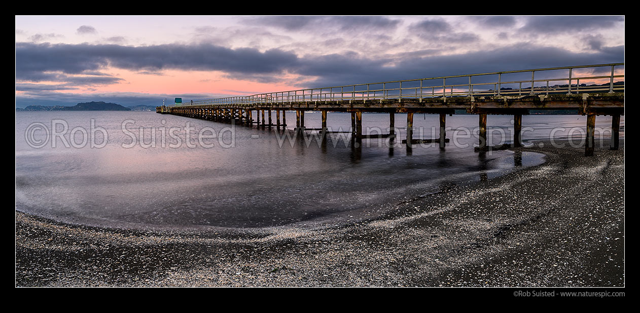 Image of Petone Wharf and Beach on a moody dawn. Panorama, Petone, Hutt City District, Wellington Region, New Zealand (NZ) stock photo image