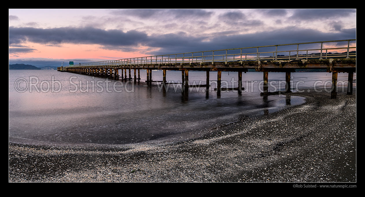 Image of Petone Wharf and Beach on a moody dawn. Panorama, Petone, Hutt City District, Wellington Region, New Zealand (NZ) stock photo image