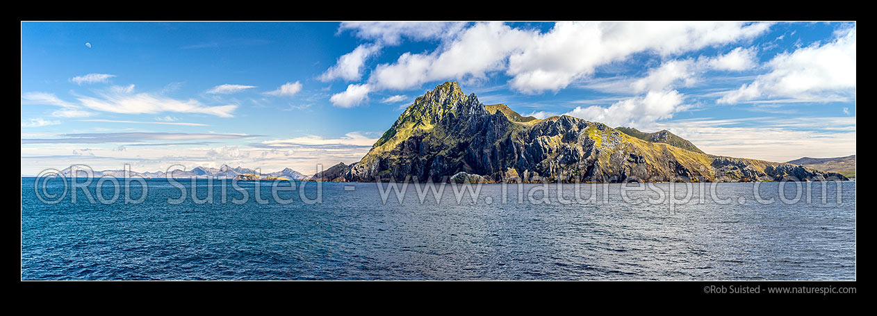 Image of Cape Horn (Cabo de Horno),  southernmost headland of Tierra del Fuego archipelago, on Hornos Island. Isla Hermite at left. Panorama, Cape Horn, Chile stock photo image