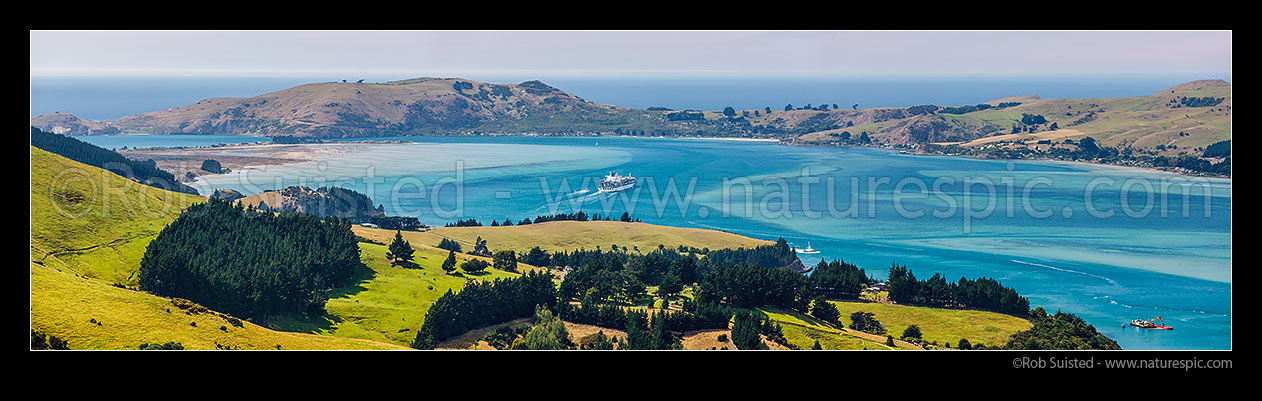 Image of Otago Harbour with large container ship leaving Port Chalmers. Otago Peninsula beyond, with Taiaroa Head and Aramoana far left. Harbour dredging far right. Panorama, Port Chalmers, Dunedin City District, Otago Region, New Zealand (NZ) stock photo image