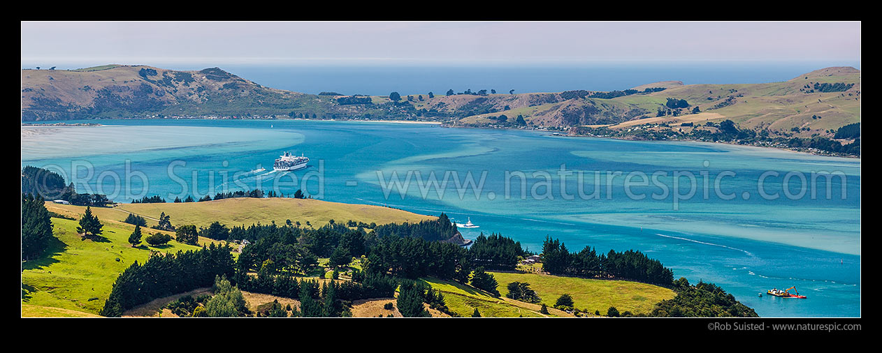 Image of Otago Harbour with large container ship leaving Port Chalmers. Otago Peninsula and Te Rauone Beach beyond. Harbour channel dredging bottom right. Panorama, Port Chalmers, Dunedin City District, Otago Region, New Zealand (NZ) stock photo image