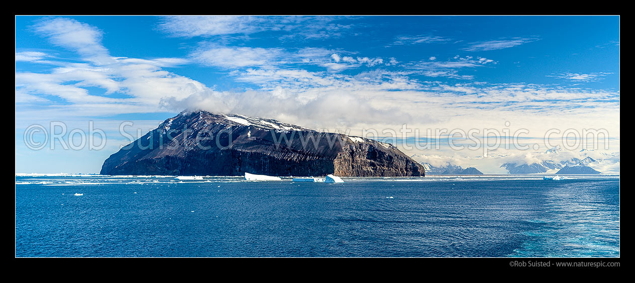 Image of Cape Adare, Hanson Peak and Ridley Beach at the entrance to the Ross Sea. Robertson Bay and Admiralty Mountains at right. Panorama, Ross Sea, Antarctica Region, Antarctica stock photo image