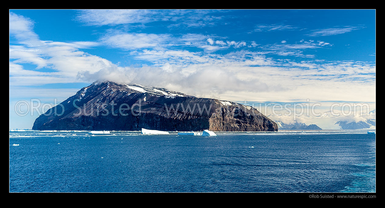 Image of Cape Adare, Hanson Peak and Ridley Beach at the entrance to the Ross Sea. Robertson Bay and Admiralty Mountains at right. Panorama, Ross Sea, Antarctica Region, Antarctica stock photo image