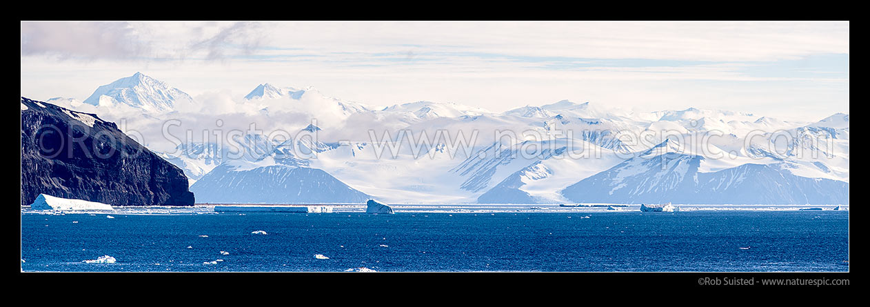 Image of Cape Adare and Ridley Beach at left, with Admiralty Mountains, and Robertson Bay behind. Panorama, Ross Sea, Antarctica Region, Antarctica stock photo image