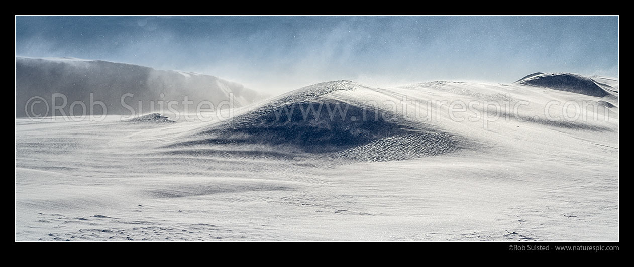 Image of Blizzard winds blowing spindrift snow and ice over pressure ridges during a catabatic storm blow. Antarctic ice sheet. Panorama, Ross Sea, Antarctica Region, Antarctica stock photo image