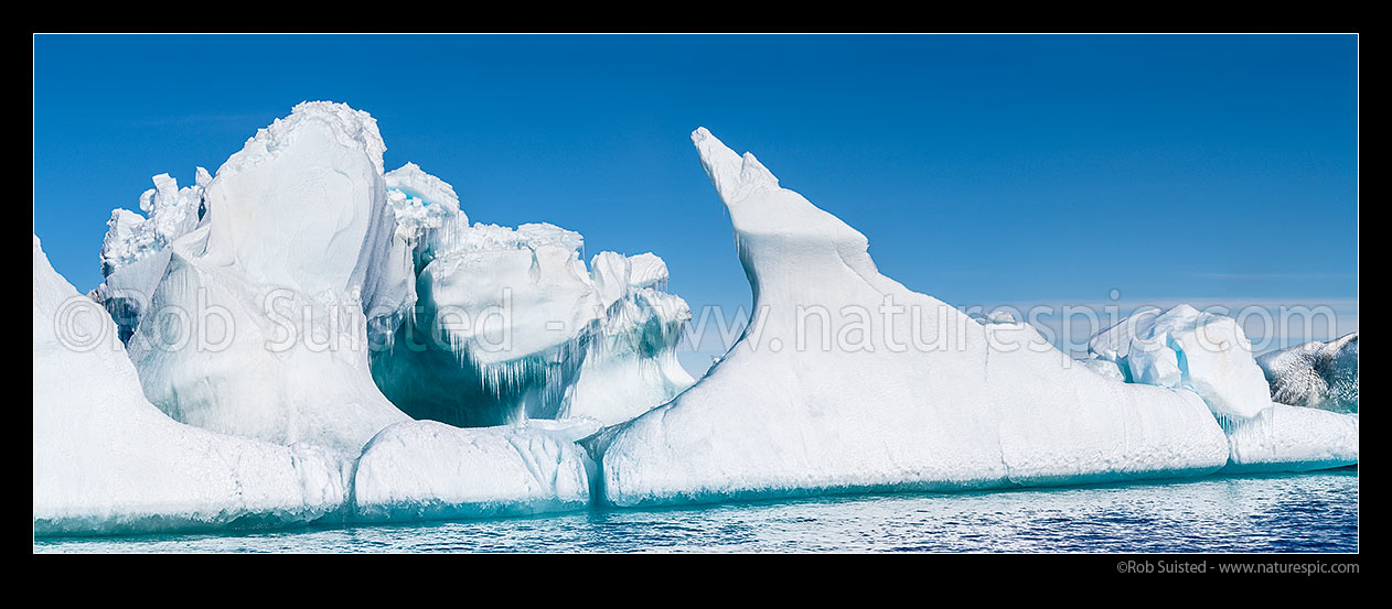 Image of Iceberg with a chasm, or crevasse, and icicles frozen from meltwater. Panorama, Ross Sea, Antarctica Region, Antarctica stock photo image