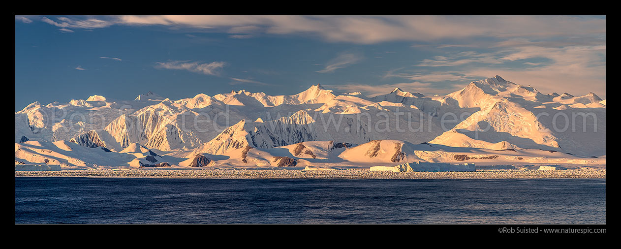 Image of Admiralty Mountains, with Mt Minto (4165m) left, Mt Sabine (3720m) right. Honeycomb Ridge and Moubray Bay in foreground. Victoria Land, Ross Sea, Antarctica Region, Antarctica stock photo image