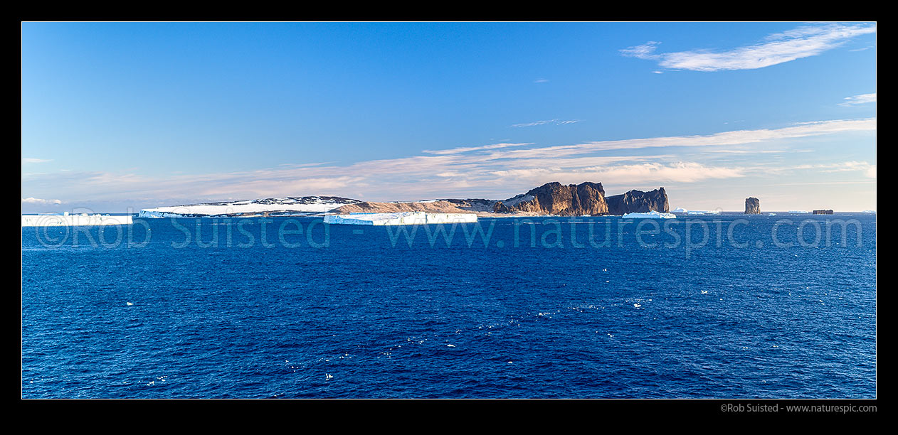 Image of Possession Island, Archer peak, and Dickson Pillar, in the Possession Islands, named by Capt James Clark Ross on planting the British flag on January 12, 1841. Kristensen Rocks right.Northern Victoria Land. Panorama, Ross Sea, Antarctica Region, Antarctica stock photo image