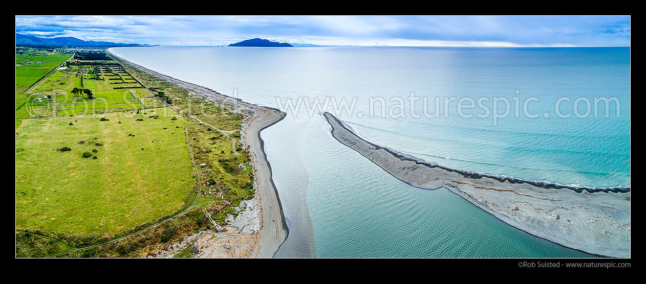 Image of Otaki River mouth and beach. Coastal farmland looking toward Te Horo at left, and Kapiti Island beyond. Aerial panorama, Otaki Beach, Kapiti Coast District, Wellington Region, New Zealand (NZ) stock photo image