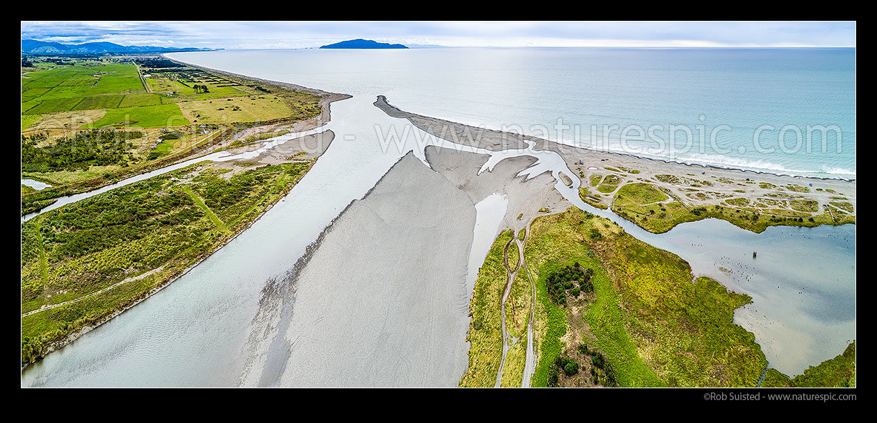 Image of Otaki River mouth and estuarine wetlands at Otaki Beach. Kapiti Island beyond. Aerial panorama, Otaki Beach, Kapiti Coast District, Wellington Region, New Zealand (NZ) stock photo image