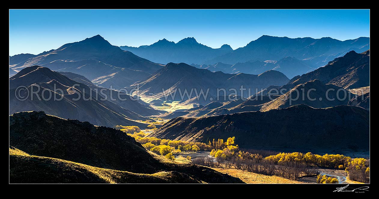 Image of Muller Station autumn morning. Mt Tapuae-0-Uenuku (2885M) above the Tone River. Awatere River bottom right. Mt Lookout (1814m) at left. Panorama, Awatere Valley, Marlborough District, Marlborough Region, New Zealand (NZ) stock photo image