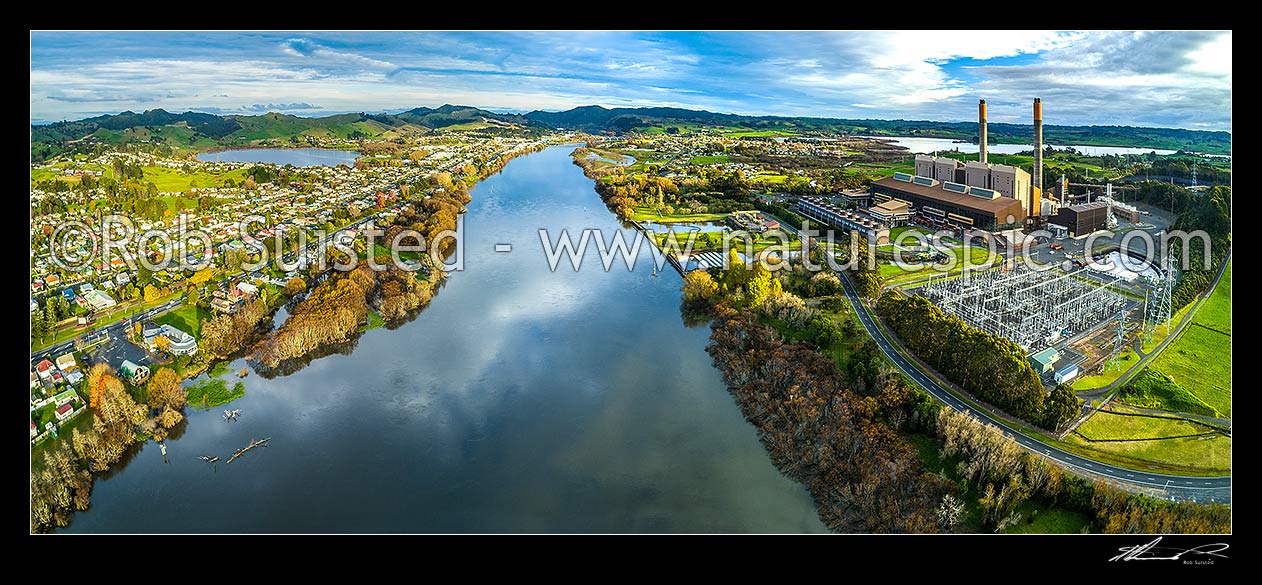 Image of Huntly township on the Waikato River. Lake Hakahoa at left, Huntly Power Station and Lake Waahi at right. Aerial panorama, Huntly, Waikato District, Waikato Region, New Zealand (NZ) stock photo image