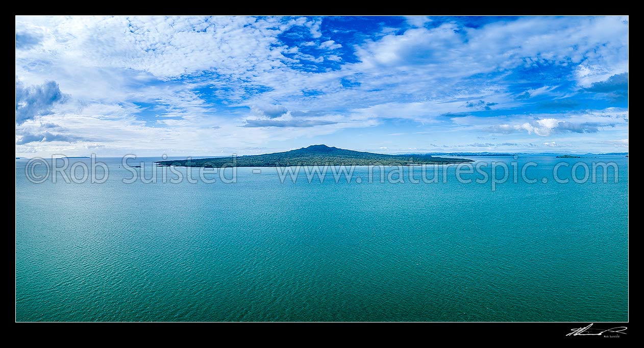 Image of Rangitoto Island (260m) seen across Rangitoto Channel from Takapuna. Aerial panorama view, Rangitoto Island, Auckland City District, Auckland Region, New Zealand (NZ) stock photo image