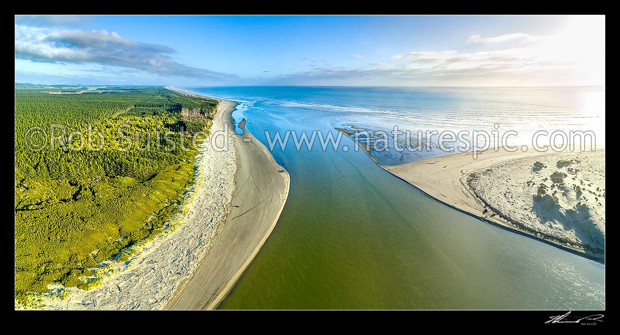 Image of Manawatu River mouth. Waitarere forest at left. Aerial panorama, Foxton Beach, Horowhenua District, Manawatu-Wanganui Region, New Zealand (NZ) stock photo image