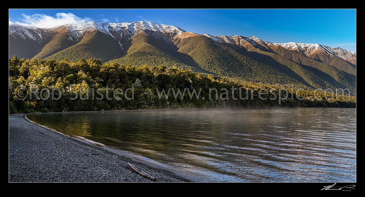 Image of Lake Rotoiti dawn. Nelson Lakes National Park. St Arnaud Range above Kerr Bay, St Arnaud, Tasman District, Tasman Region, New Zealand (NZ) stock photo image